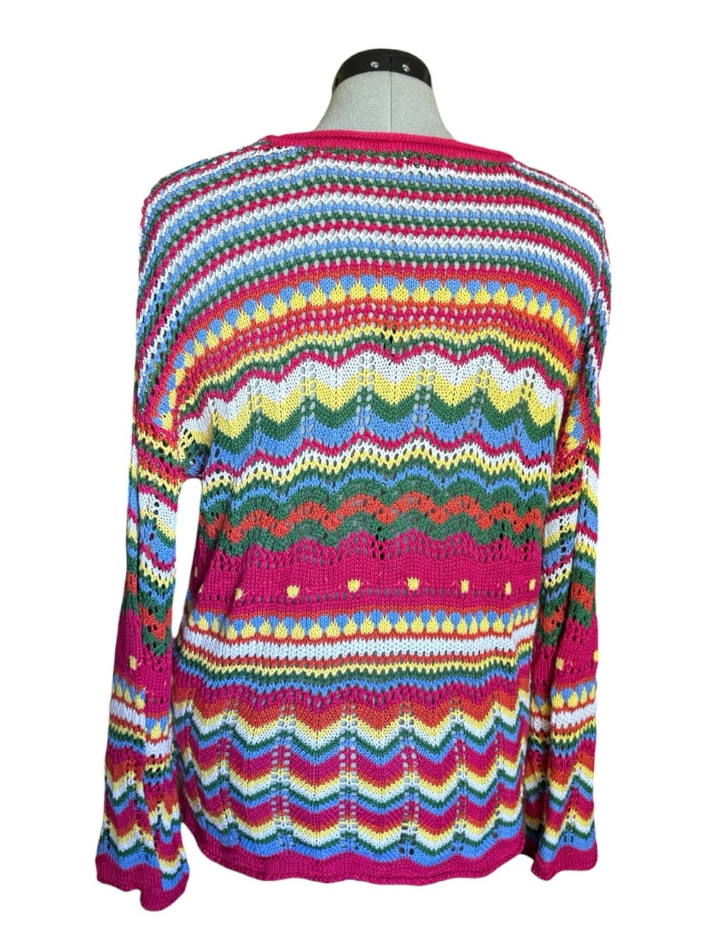 Crochet Knit Bell-Sleeve Sweater - Pink Chevron & Rainbow - Oversized - Picture 8 of 10